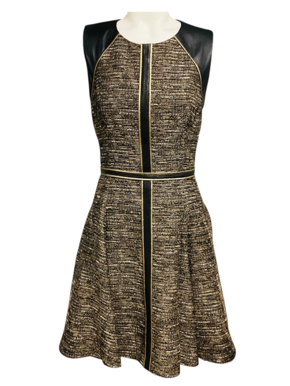 J. MENDEL TAUPE / GOLD / BLACK MULTI TWEED AND LAMB LEATHER SLEEVELESS FLARED DR